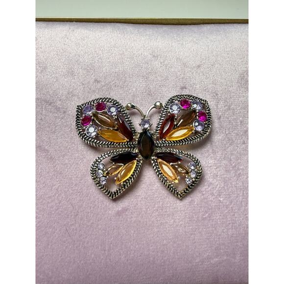 Monet Silver Tone Jewel Tones Purple Pink Amber Rhinestone BUTTERFLY Brooch Pin - Picture 7 of 7